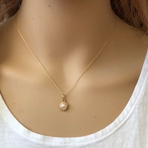 14K Solid Gold Mini Pearl CZ Pendant Dainty Neckla